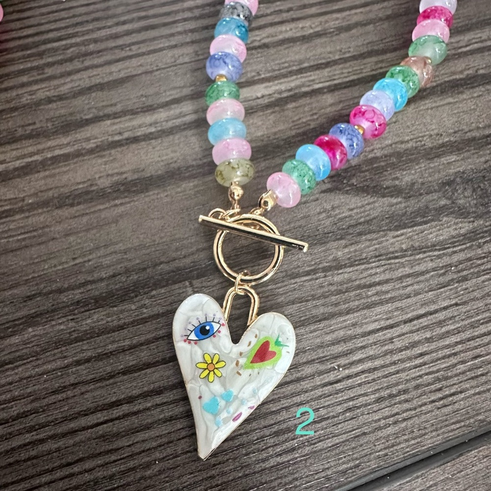 Colorful Beaded Lucky Heart Charm Necklace | Evil Eye | Boho Festival Jewelry - Picture 5 of 9